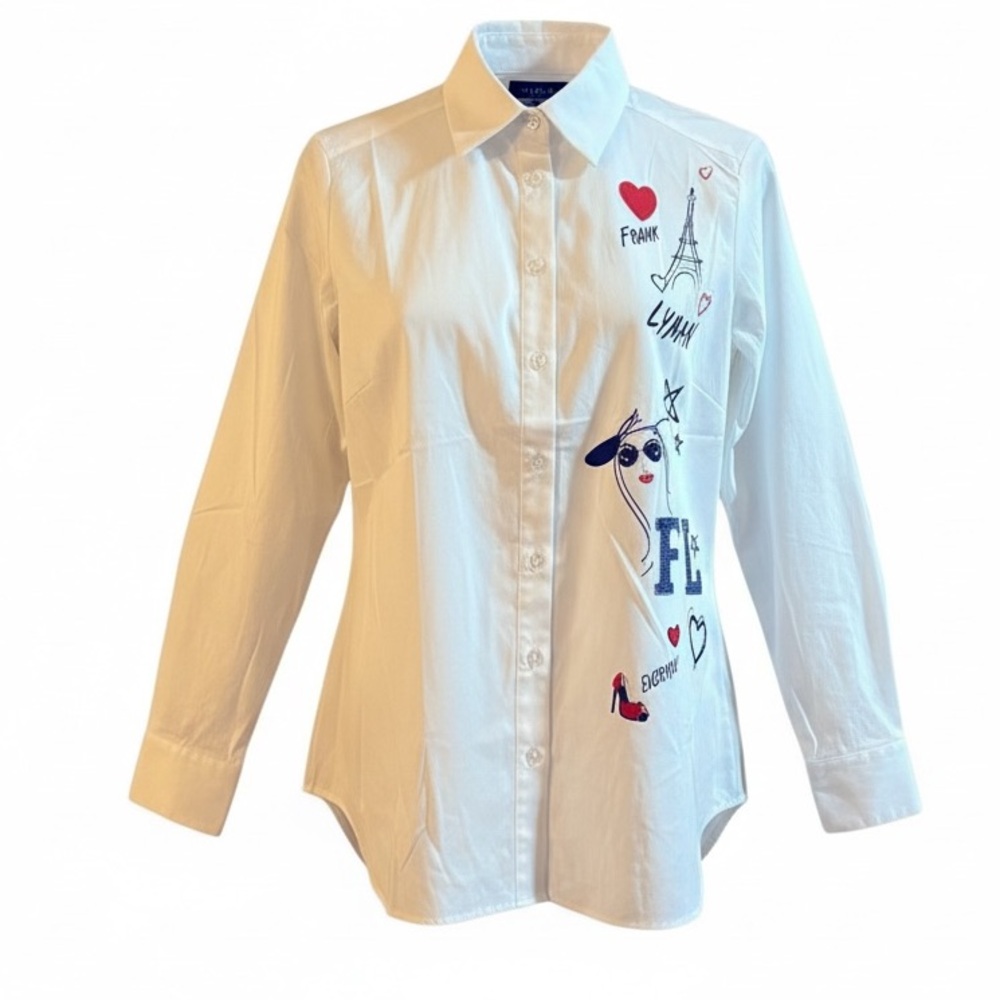 FRANK LYMAN Paris Eiffel Tower Applique Blouse White Graphic Button Up Shirt Lg